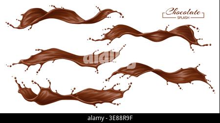Chocolate drink flow splash and waves set. Realistic 3d vector isolated cocoa dessert swirl drink or flow stream with splatters. Brown coffee streams with drops, liquid splashing with droplets scatter Stock Vector
