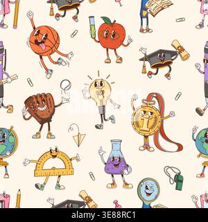 Groovy school education stationery characters vector seamless pattern. Tile background with graduation cap, laboratory flask, paper plane, funky protractor, hippie baseball glove, medal, light bulb. Stock Vector