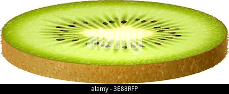 Realistic ripe kiwi fruit ring. Isolated 3d vector fresh tropical plant cross section slice showing bright green flesh, small black seeds and fuzzy brown skin. Render for food and nutrition packaging Stock Vector