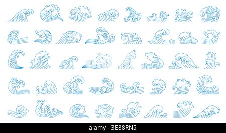 Asian sea wave icons, Japanese or Chinese ocean water arching peak, cresting roller, wind blown chop and frothy splash, rolling swell, breaking surf, spiraling foam. Vector blue linear wave flow set Stock Vector