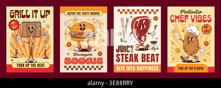Retro barbeque groovy hippie meat characters posters with grill steak, mascot potato, funny burger and bbq grate. Funny summer flyer template with cute doodle vintage elements and checkerboard pattern Stock Vector