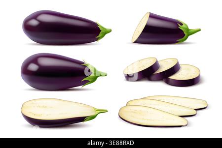 Realistic ripe raw eggplant vegetable whole and slice cut, vector isolated 3D food object. Realistic eggplant or aubergine vegetable unpeeled and cut in slices for cuisine cooking vegetable ingredient Stock Vector