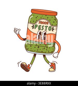 Cartoon groovy pesto sauce bottle character. Pesto jar happy hippie vector character, sauce bottle retro groovy mascot. Culinary ingredient container funny personage walking with sticking tongue Stock Vector