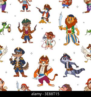 Cartoon animal pirate characters seamless pattern. Funny seagull in tricorne hat, lion, grasshopper, tiger, raccoon, mouse, wolf, dog, bunny, penguin and hedgehog in pirate costumes for kids party Stock Vector