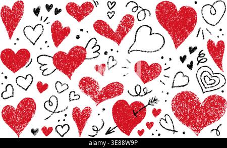 Crayon doodle hearts set. Chalk texture hand drawn red heart icon collection. Pencil love sign. Kid school crayon drawing. Scribble cute love shape Stock Vector