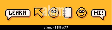 Back to School pixel art yellow elements. Speech bubbles, arrow, two smileys, notepad simple details. Stock Vector