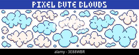 Pack with pixel art color cute clouds. Stock Vector