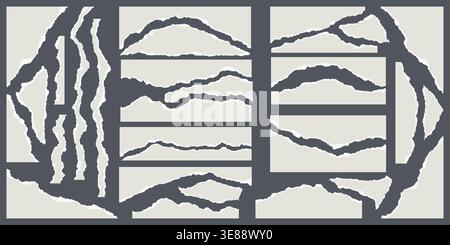 Torn paper with rippled edges. Fragments of torn sheets for frames, titles and templates. Textured cutout elements for banners and collages. Rough Stock Vector