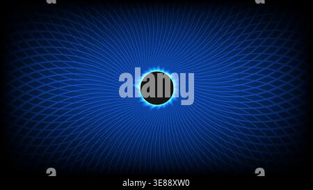 Futuristic dark blue background featuring a glowing circular portal and symmetrical spiral wireframe pattern Stock Vector