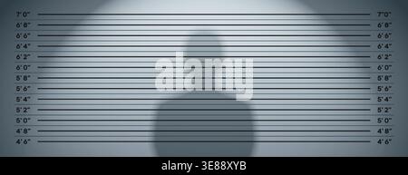 Mugshot lineup dark background with height chart or police measurement wall. Criminal identification backdrop for arrest, suspect portrait, investigation. Shadow silhouette of prisoner with copy space Stock Vector