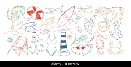 Hand drawn sketch color crayon coastal elements. Mediterranean summer sea vacation doodle icon. Chalk art beach bag, chair, lifebuoy, ocean waves, palm, seahorse, coconut drink. Italy coast vector set Stock Vector