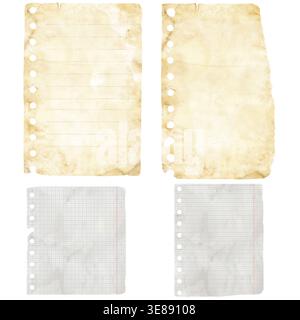 Torn paper, torn pages of a notebook or school notebooks, pens and paper clips. Watercolor illustration. A set of torn pieces of paper with crumpled a Stock Photo