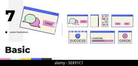 Basic chat and system pixel art popup windows UI overlay pack Stock Vector