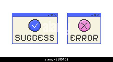 Success and error pixel art popup windows UI overlay set Stock Vector