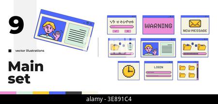 Comprehensive pixel art popup windows UI overlay pack Stock Vector