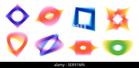 Futuristic design elements set. Gradient color geometris shapes with deformation blend Stock Vector