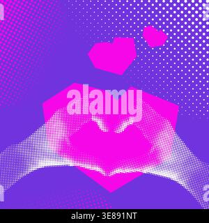 Trendy halftone collage with hands making heart shape. Modern y2k collage Stock Vector