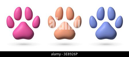 3d paw icon collection. Different color realistic pet footprint isolated on white background Stock Vector