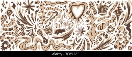 Paper cutout shapes and collage heart for scrapbook layouts with star, geometric figure, naive trinkets and asterisk set. Retro vector decoration with Stock Vector