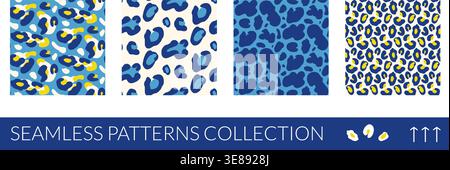 Animal spot seamless pattern with leopard rosette in blue and yellow. Bold summer animalistic print with retro on mediterranean backdrop. Flat vector Stock Vector