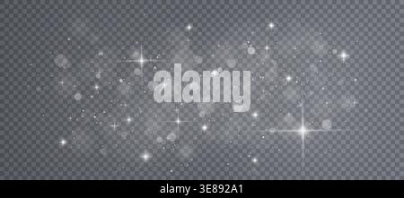 White glowing stars with bokeh light effects on transparent background. Magical sparkle particles, shimmering confetti and bright luminous stardust in festive atmosphere for holiday designs. Stock Vector