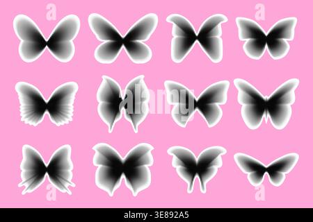 Sticker pack of abstract y2k butterfly shapes. Geometric symbol set with halftone effect. Dotted illustration for cut-out, collage design Stock Vector