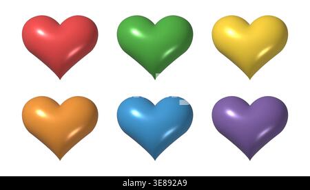 Beautiful trendy 3d hearts collection. Realistic render love icon set. Vector red, green, yellow, blue, purple, orange heart. Happy Valentine's Day el Stock Vector
