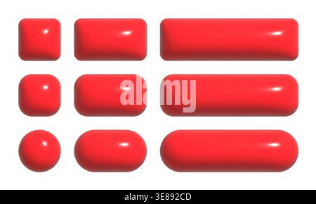 3d buttons collection for UI and UX design template. Realistic red glossy squared and rounded badges Stock Vector