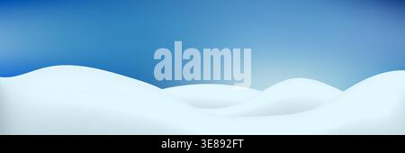 3d snow and blue sky background. Trendy Christmas winter landscape with drifts of snow Stock Vector