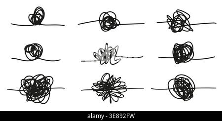 Chaotic thoughts doodle lines set.  Insane scribble symbols or confused brain chaos sign collection Stock Vector