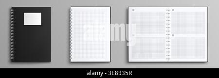 Spiral notebook mockup with blank pages and realistic cover design. Open notepad with ring binding, clean white sheets and professional book layout for school, office or business stationery projects. Stock Vector