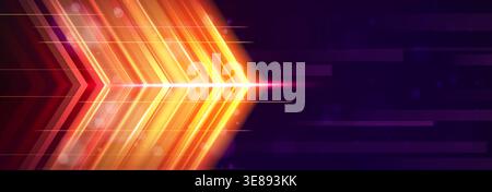 Orange neon arrow boost with glowing light speed effects on dark abstract background. Luminous geometric shapes and horizontal lines in dynamic tech motion atmosphere for digital innovation visuals. Stock Vector