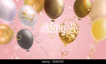 Birthday card with air balloons and golden confetti flying on pink background. Vector realistic illustration of yellow, silver, white helium balls, holiday party decoration, anniversary sale banner Stock Vector
