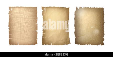 Old parchment pieces set with ripped edges. Vector realistic illustration of torn yellow paper pages, worn antique letter texture, grunge background for vintage newspaper sheet or shabby book design Stock Vector
