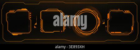 Digital game interface set with tech HUD elements and futuristic frames. Cyberpunk UI design of red neon borders, holographic panels, cyber screens and glowing box shapes for sci fi projects. Stock Vector