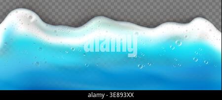 Sea wave foam from top view - realistic summer beach shore border with ocean water isolated on transparent background. Blue surface ripples, white bubbles and sandy coastal edge for seasonal designs. Stock Vector