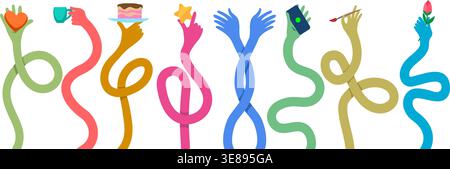 Long flexible hands holding different items Stock Vector