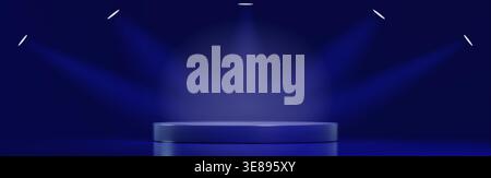 Blue podium stage with soft spotlight rays and dramatic lighting on dark background. 3D studio platform for award presentation or product display. Circular glowing scene with atmospheric light beams. Stock Vector