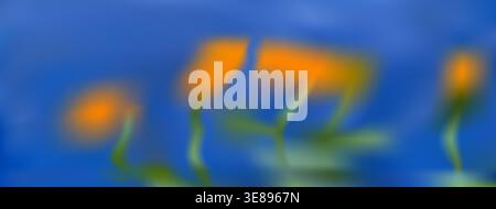 Spring blur flower gradient background. Gentle orange flower on blue gradation summer background. Vector yellow soft focus botanical shapes on fashion Stock Vector