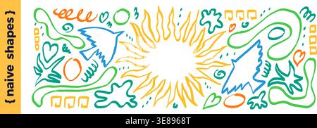Bird and sun naive shape set with folk outlines and hand drawn doodles. Playful birds, scribbles and sun banner in boho green and blue with hearts. De Stock Vector