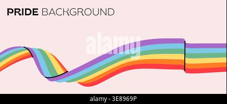 Abstract LGBTQ pride background with waving rainbow ribbon. Minimalist horizontal banner with flowing inclusive flag stripes on backdrop for pride Stock Vector