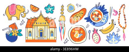 Thailand culture icons with traditional Bangkok temple, thai food dishes and elephant, buddha lotus meditation figure and tropical fruits. Travel landmark elements with ornamental journey vector set. Stock Vector