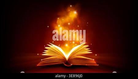 Magic book with glowing light and sparkles on dark background. Realistic open book with bright rays and fairy dust particles. Mystical tome with shining pages and fantasy magical glow effect. Stock Vector