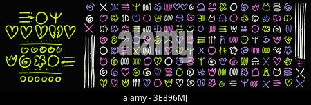 Kid scribble set with sketch hearts and circle symbols in quirky naive cat shapes. Playful kids doodle vector elements in bright neon on dark backgrou Stock Vector