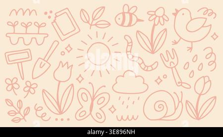 Cute spring garden vector doodle set. Minimalist pink line art elements flowers, insects, sun, and cloud. Whimsical hand drawn style on a neutral Stock Vector
