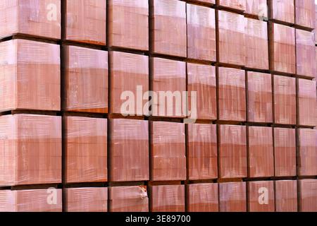 Multiple stacks of red clay hollow bricks are neatly wrapped in protective plastic film and arranged on wooden pallets at an industrial storage site i Stock Photo