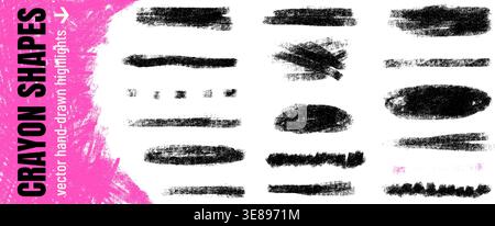 Charcoal brushstroke highlight and underline shapes in black. Crayon kid line strokes with rough brush pencil marks. Hand drawn vector charcoal set wi Stock Vector
