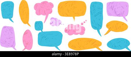 Pastel dialogue balloons. Speech bubbles with chalk texture. Sketched comic bubbles in playful colors. Cute doodle frames for message. Rough brush cre Stock Vector