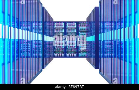 Server racks with glowing lights isolated 3d Stock Photo