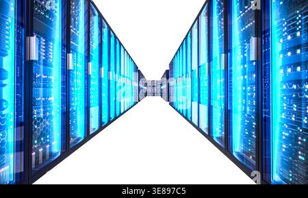3d isolated Data center server racks glowing Stock Photo